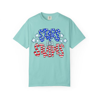 America The Beautiful Stars and Stripes Garment-Dyed Unisex T-Shirt, 4th of July Tee, Fourth of July Top, Patriotic Tshirt, Red White and Blue