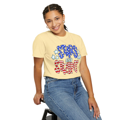 America The Beautiful Stars and Stripes Garment-Dyed Unisex T-Shirt, 4th of July Tee, Fourth of July Top, Patriotic Tshirt, Red White and Blue
