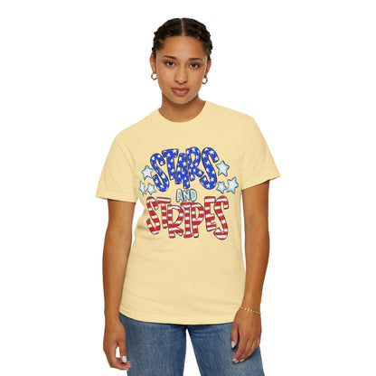America The Beautiful Stars and Stripes Garment-Dyed Unisex T-Shirt, 4th of July Tee, Fourth of July Top, Patriotic Tshirt, Red White and Blue