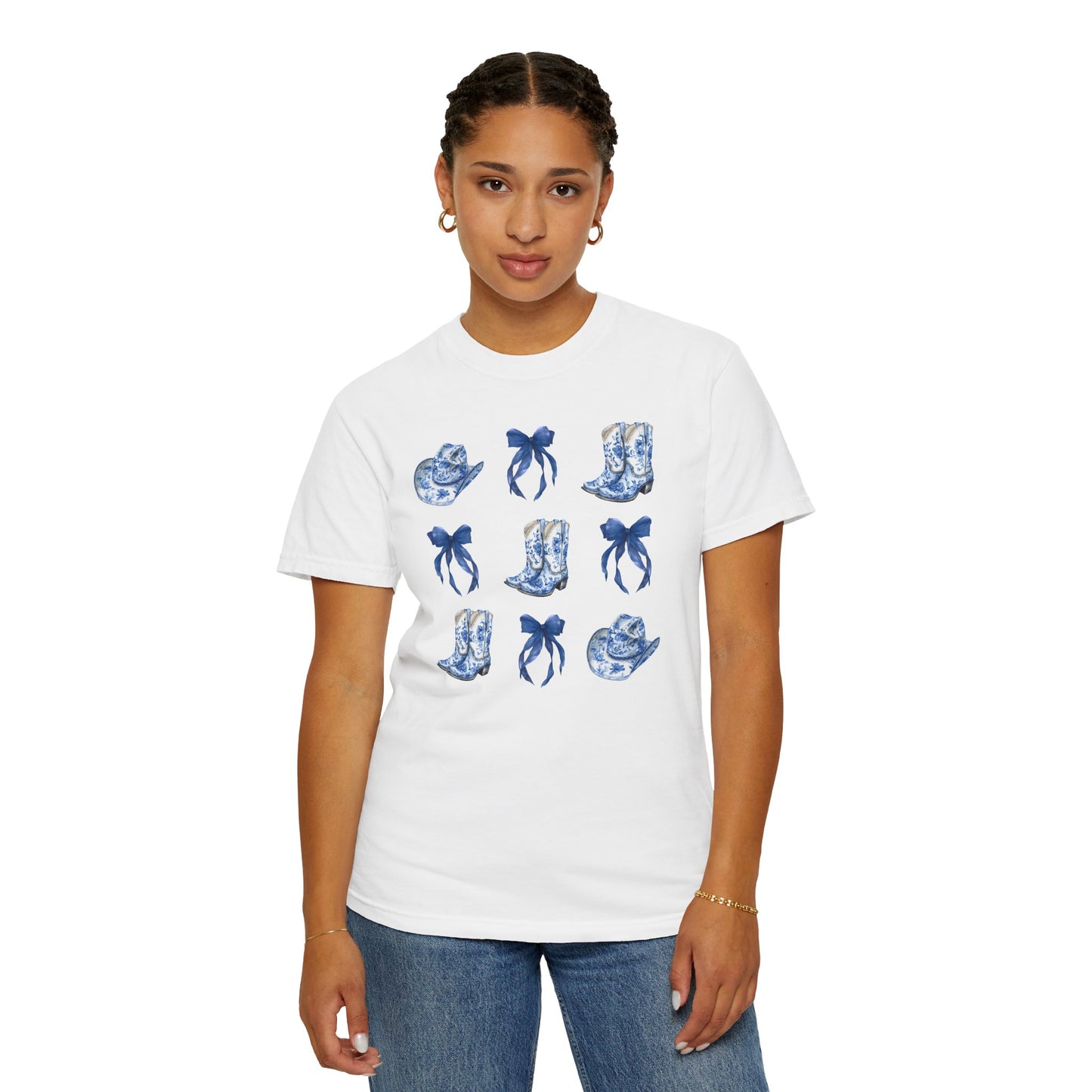 Blue Chinoiserie Cowgirl Collage Top, Cowgirl Bows Blue Toile Bows and Boots Tee, Trendy Blue & White Tshirt, Western T-shirt