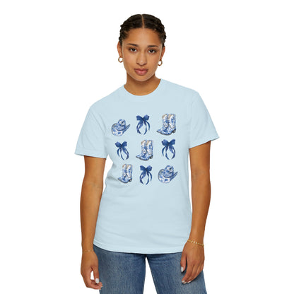 Blue Chinoiserie Cowgirl Collage Top, Cowgirl Bows Blue Toile Bows and Boots Tee, Trendy Blue & White Tshirt, Western T-shirt