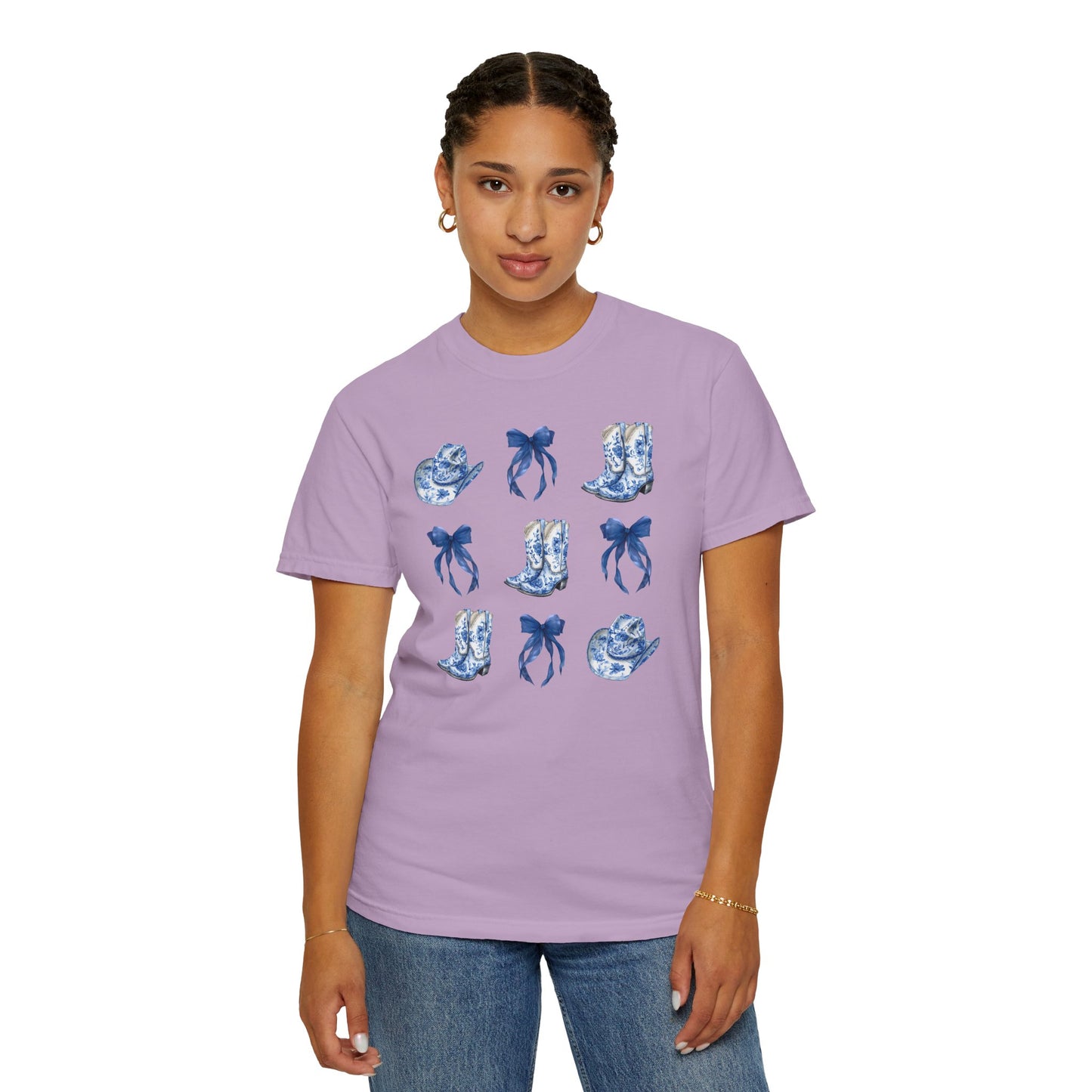 Blue Chinoiserie Cowgirl Collage Top, Cowgirl Bows Blue Toile Bows and Boots Tee, Trendy Blue & White Tshirt, Western T-shirt