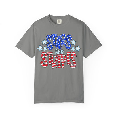America The Beautiful Stars and Stripes Garment-Dyed Unisex T-Shirt, 4th of July Tee, Fourth of July Top, Patriotic Tshirt, Red White and Blue